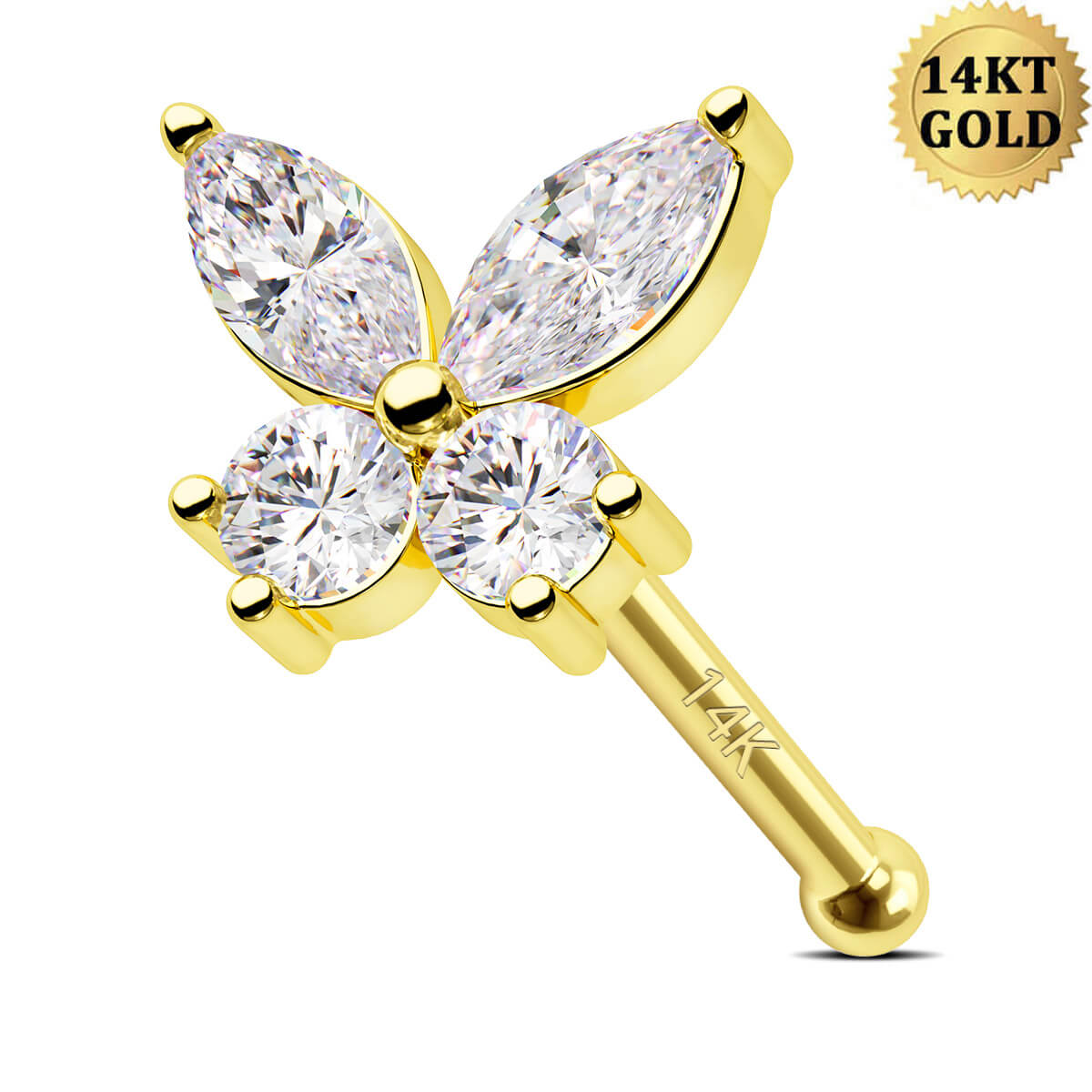 Solid 14kt gold sale nose piercing bar with a clear CZ princess cut Gem 20g Mark 14k