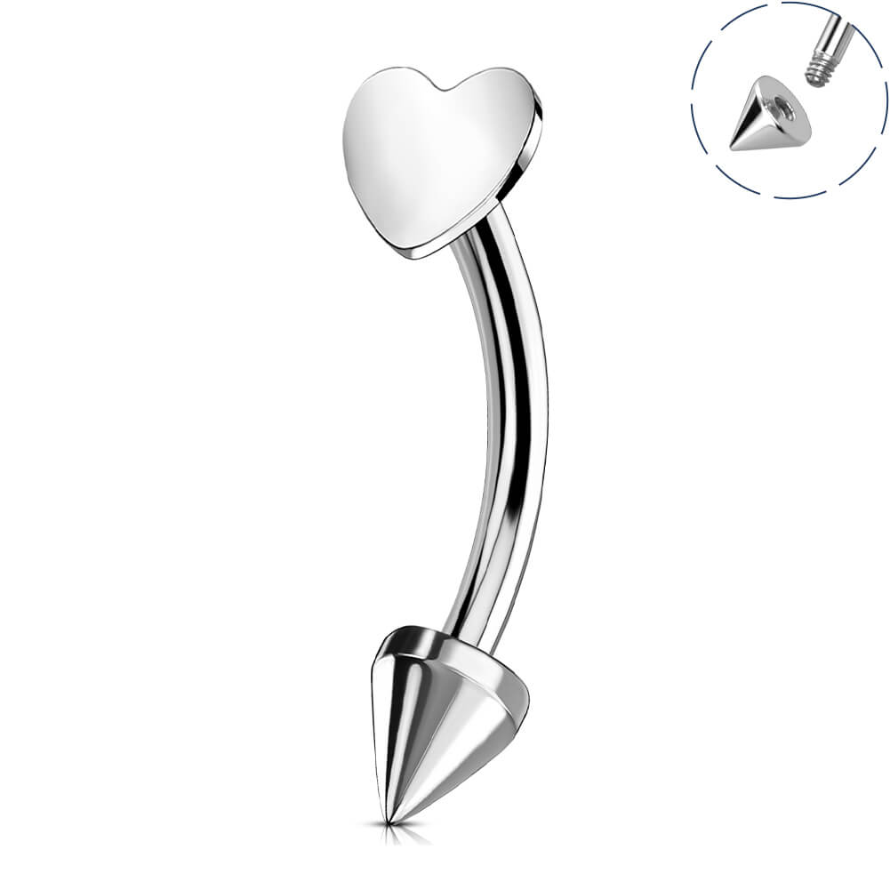 Stem for eyebrow piercing, lips, white gold ear hot 14 karat full. Heart-shaped crystal.