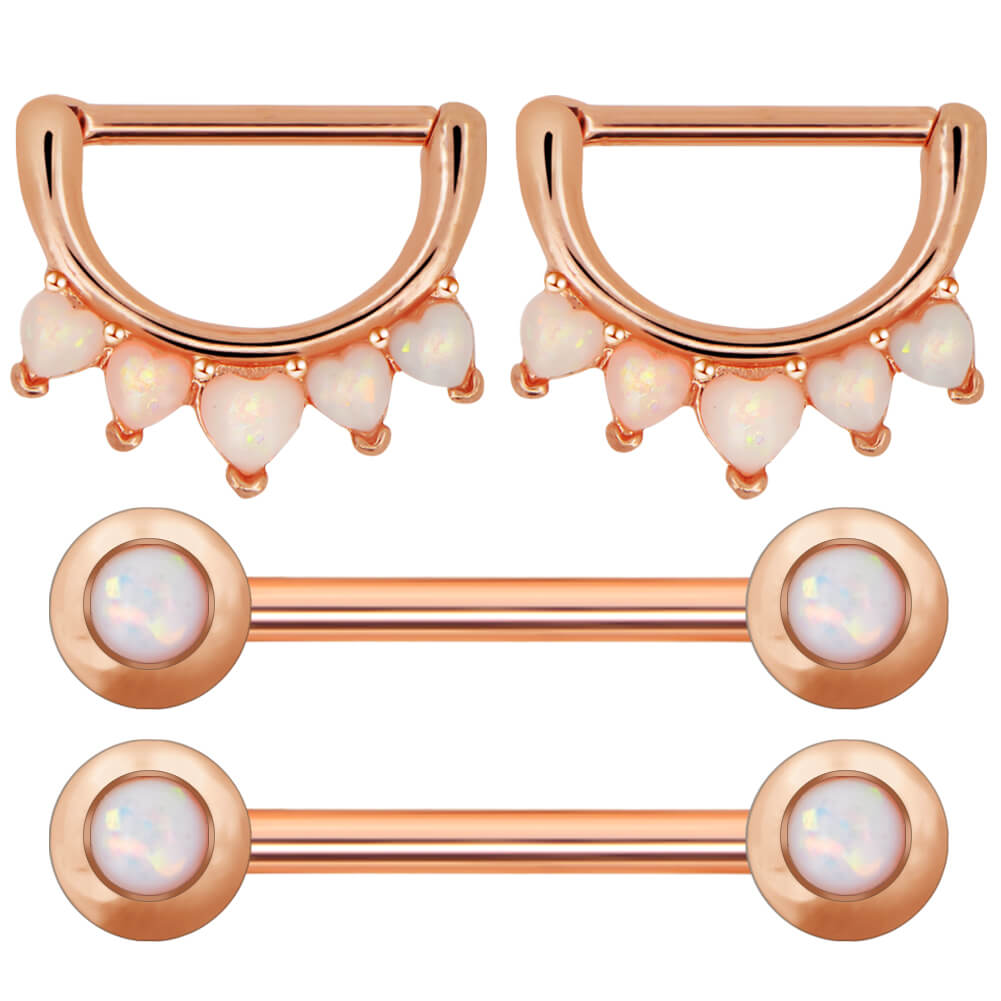 4pcs 14G Nipple Rings Rose Gold Heart White Opal Nipple Piercing Barbell/  Nipple Jewelry/ Nipple Shield/ Straight Barbells/ Barbell Piercing 