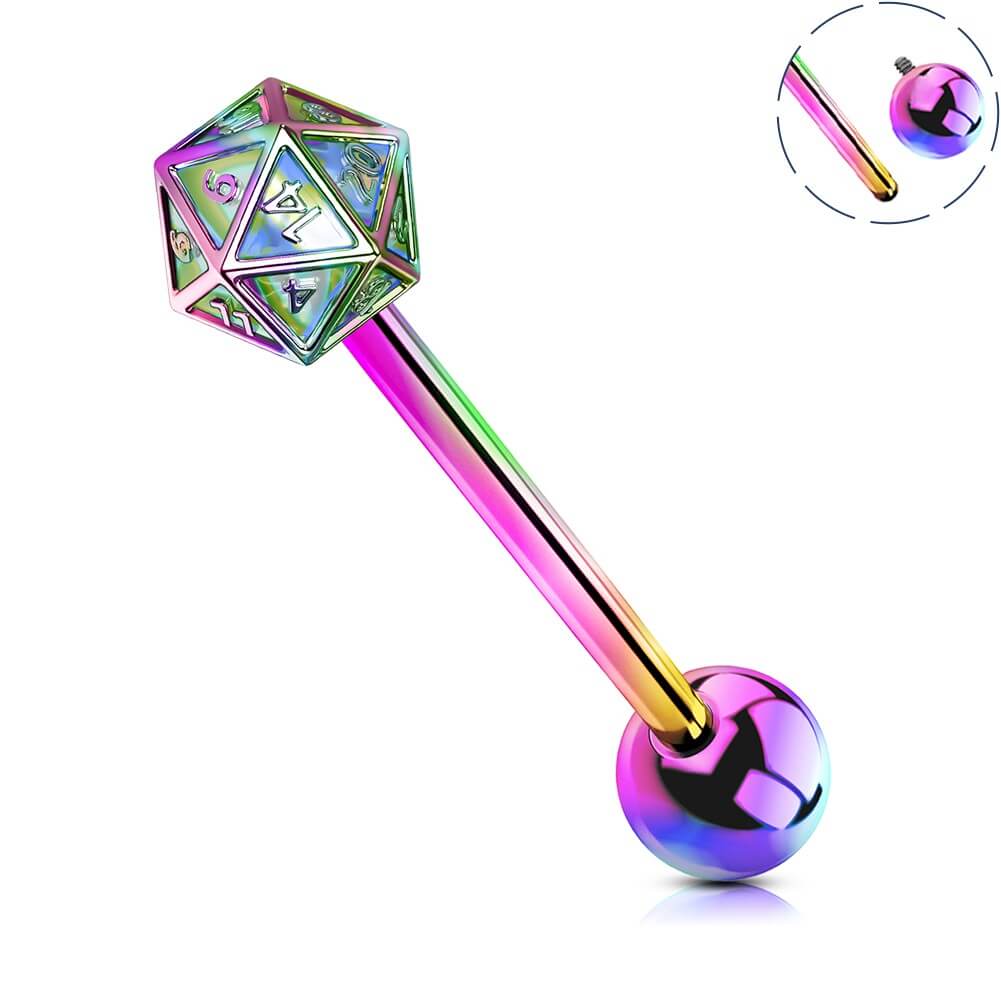 14g D20 Dice Internally Threaded Tongue Ring, Rainbow