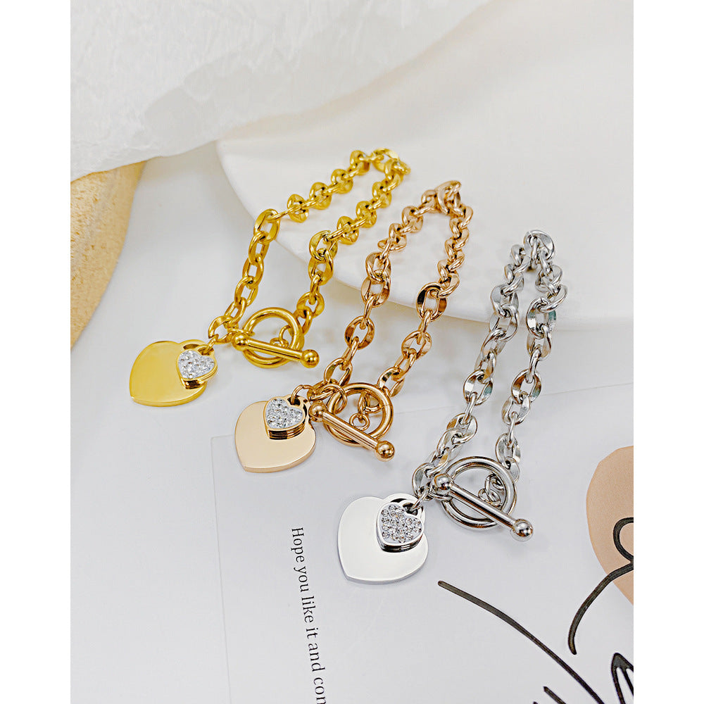 Oufer CZ Heart Charm T-Bar Chunky Chain Bracelet For Woman/Daily/Party