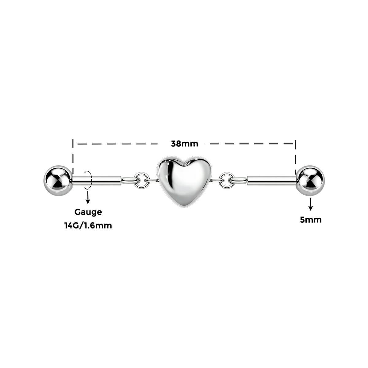 14g 38mm heart industrial piercing barbell