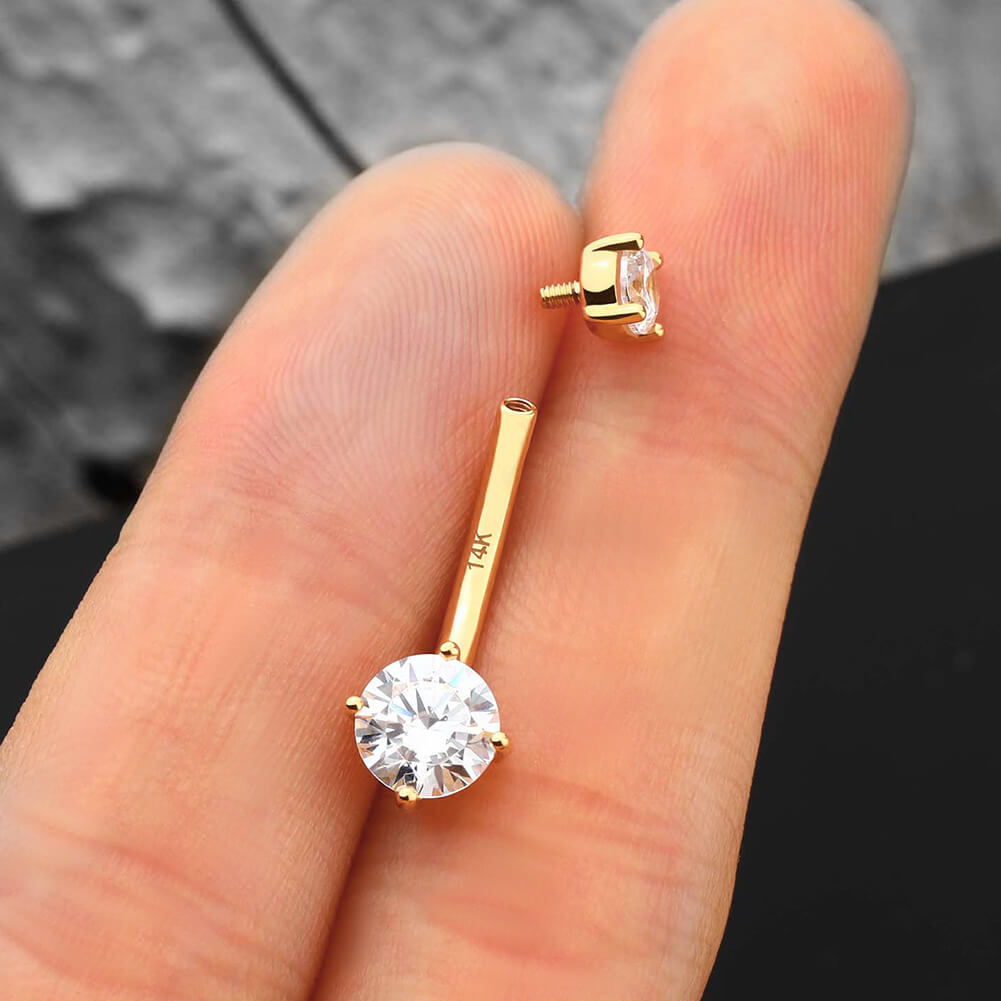 14k Solid Gold sold Square cz,round top Navel Belly Ring,internally threaded..14g..10mm