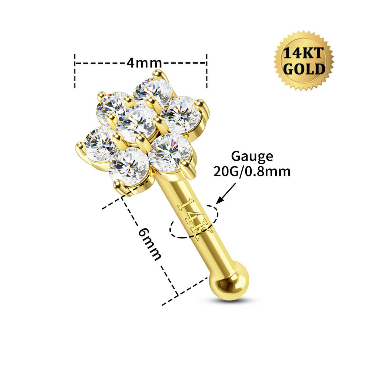 14K Solid Gold 20G Flower Top Nose Bone Stud
