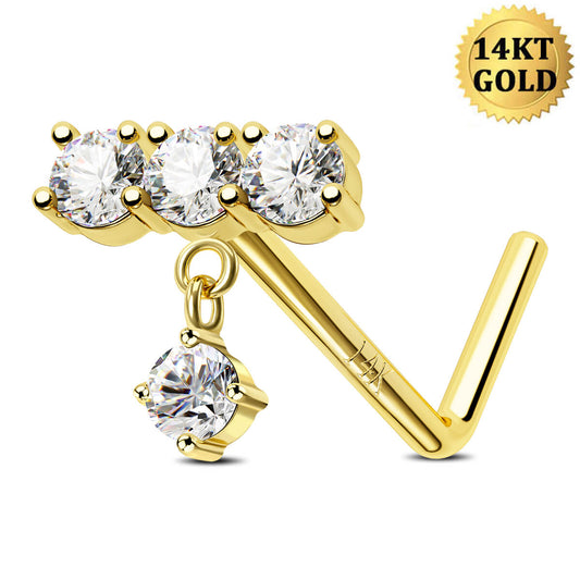 14k gold triple CZ nose stud 