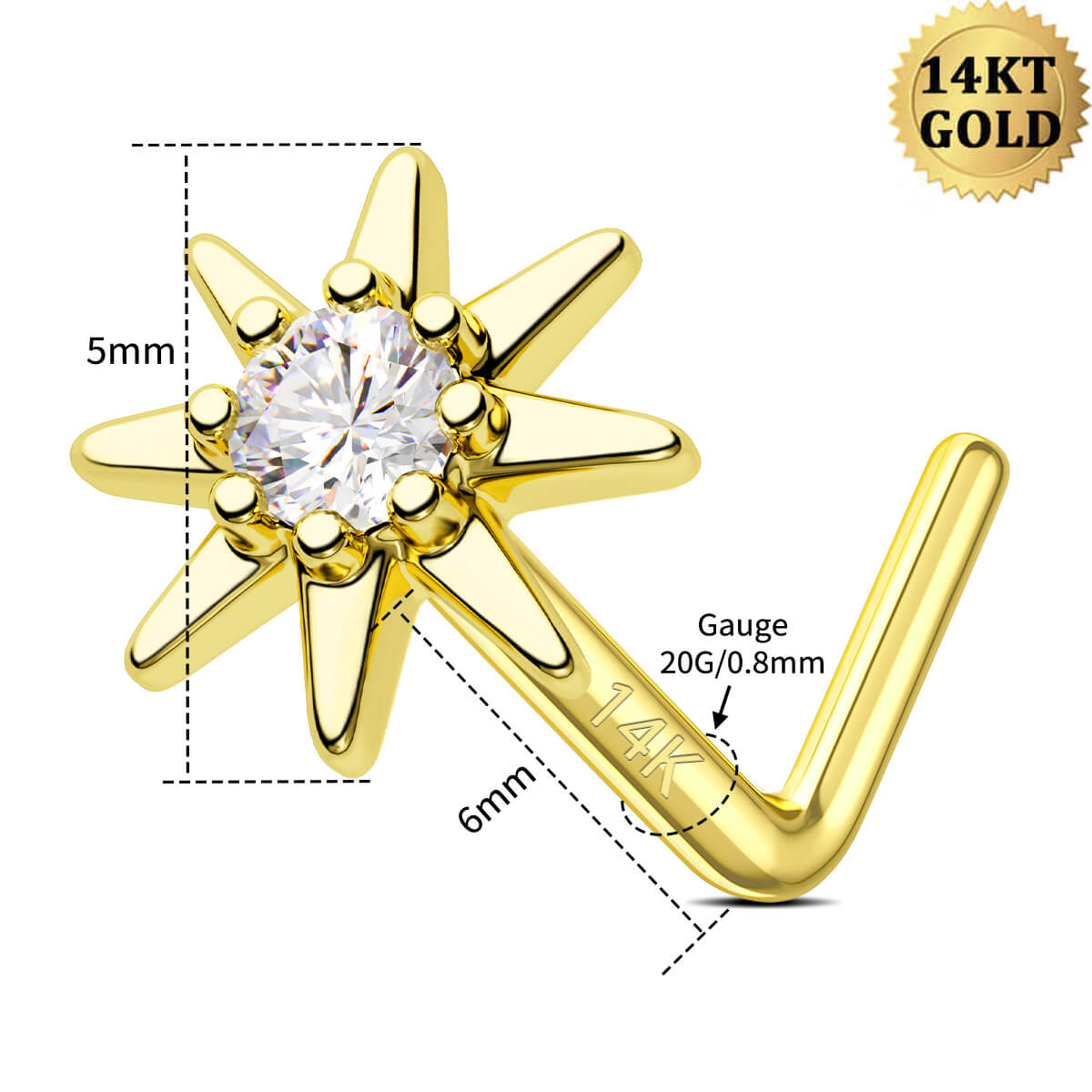 14K Solid Gold 20G Sun L-Shape Nose Stud