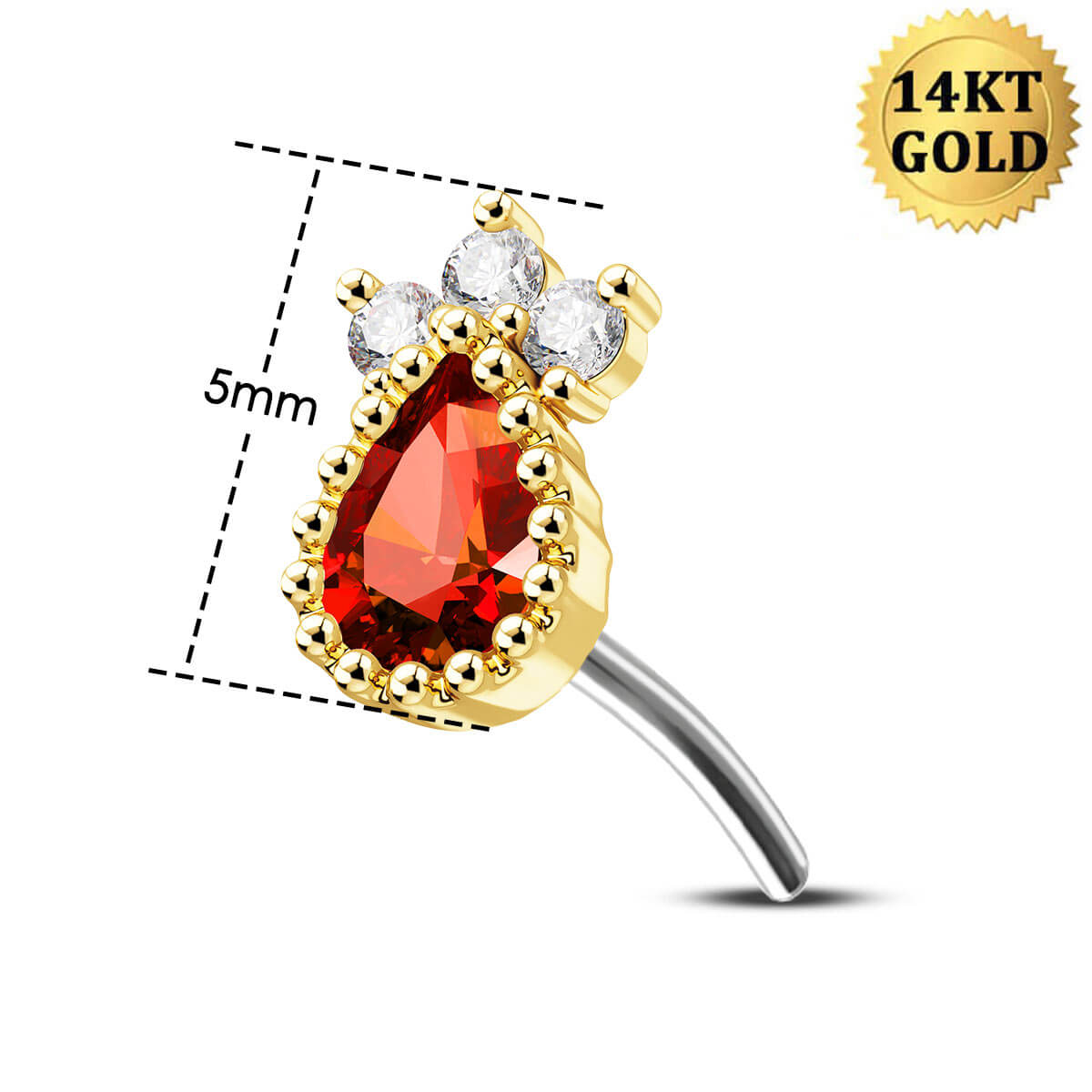 14K Solid Gold Red Marquise CZ Push Pin Cartilage Nose Stud