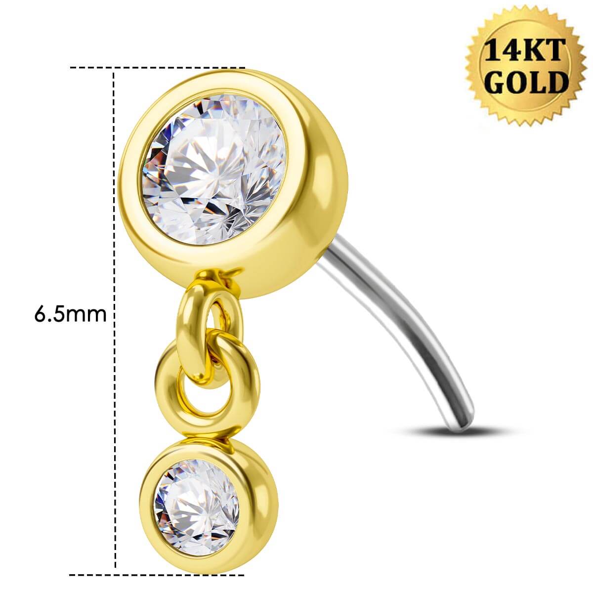 14k Gold Daith Triple selling Bezel cz's Curved Barbell..16g.. 8mm