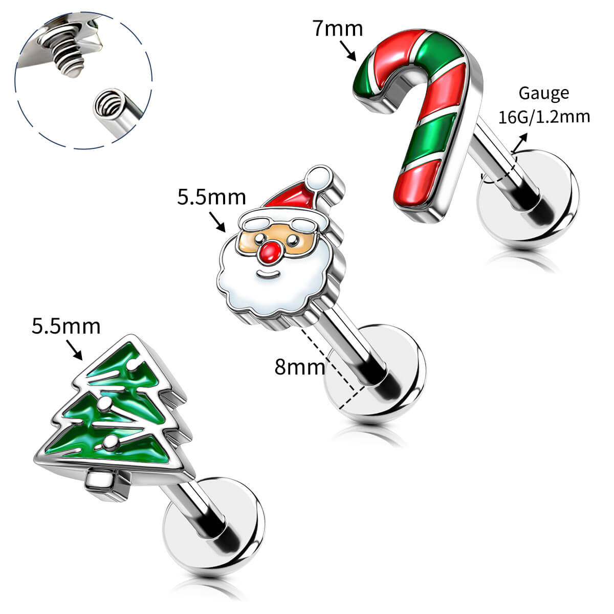 8mm christmas cartilage earrings