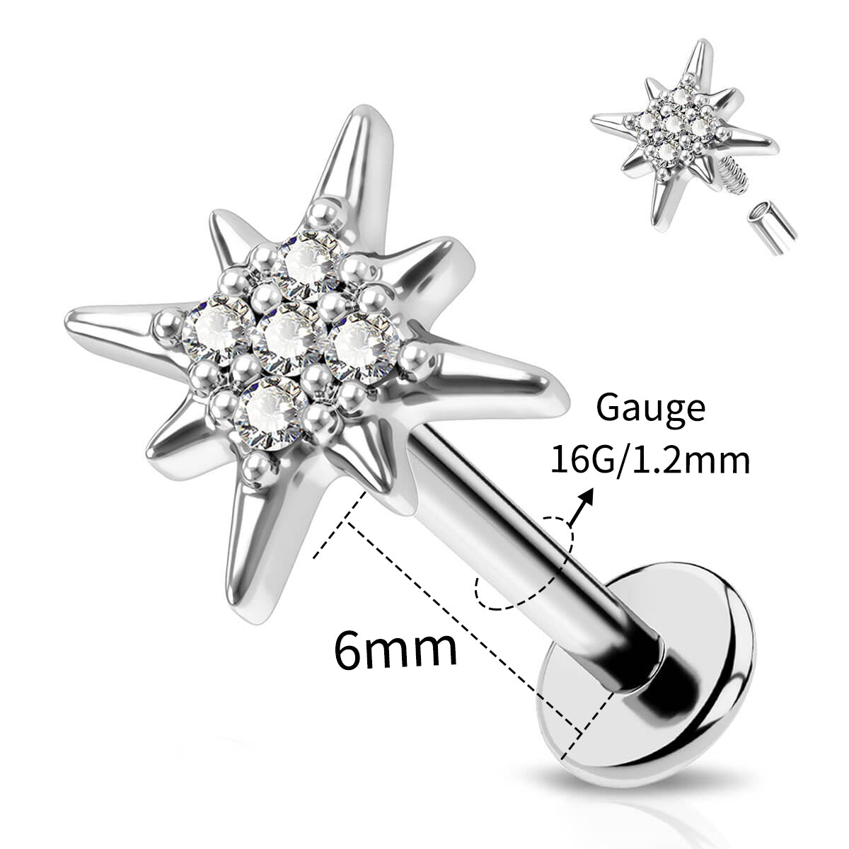 16G Internally Threaded CZ Sunflower Labret Stud Cartilage Earring