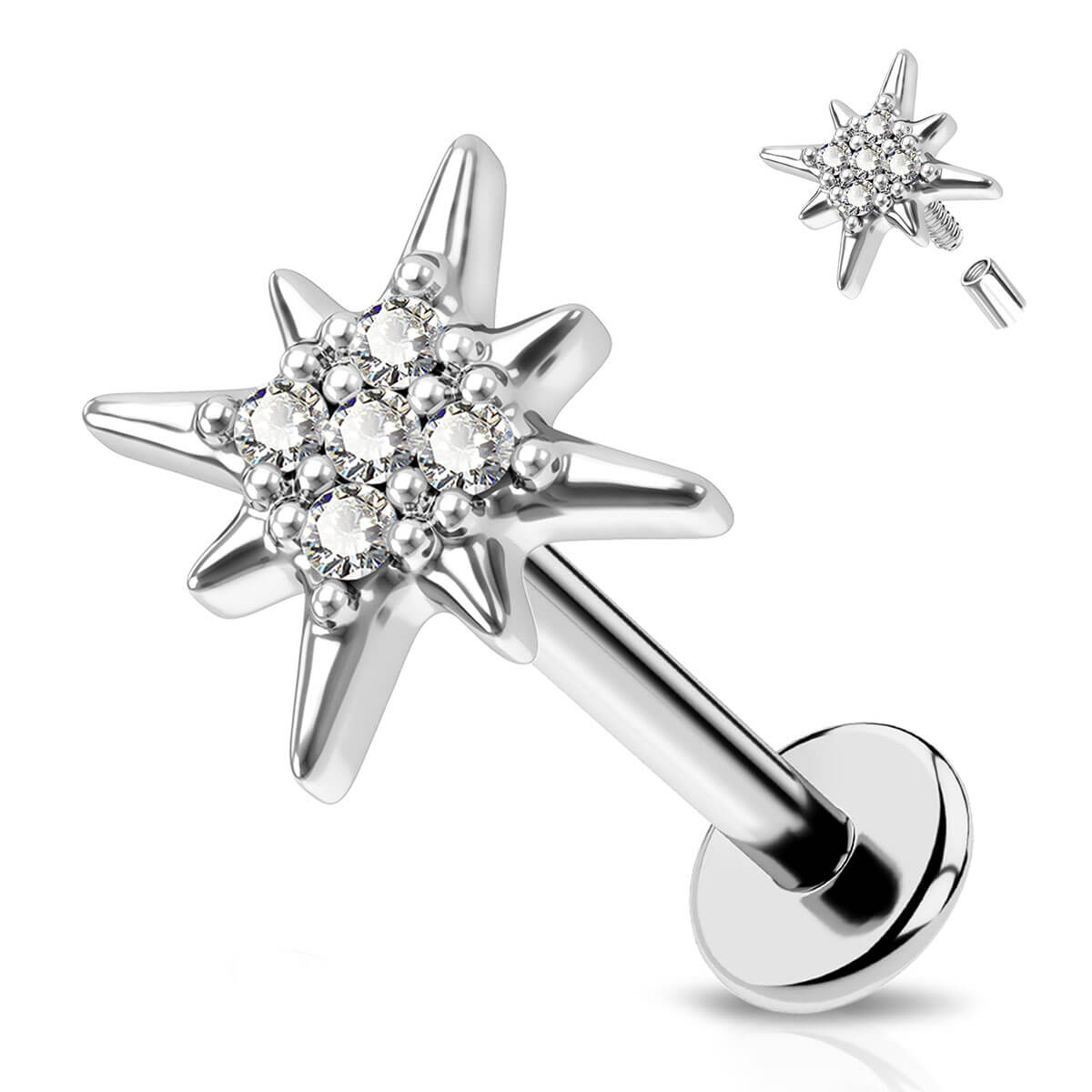 16G Internally Threaded CZ Sunflower Labret Stud Cartilage Earring