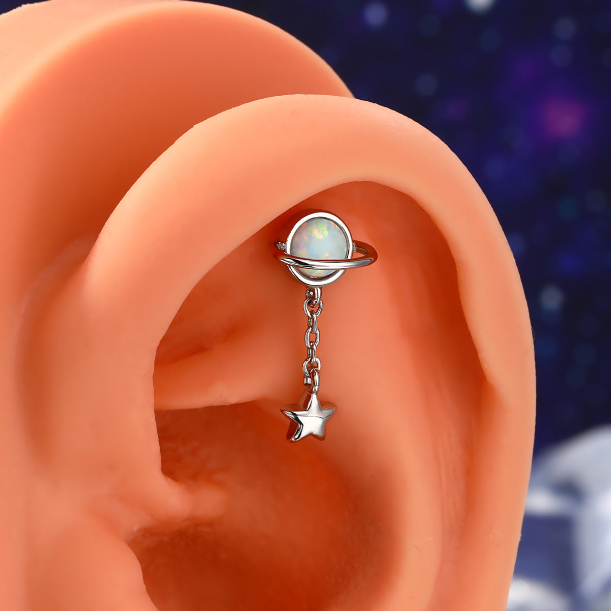 16G Internally Threaded Star Dangle Planet Labret Stud Cartilage Earring