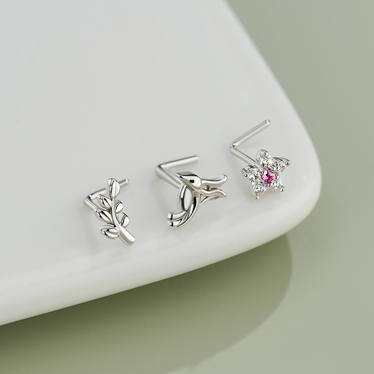 L shaped Flower/Bird/Leaves Nose Studs