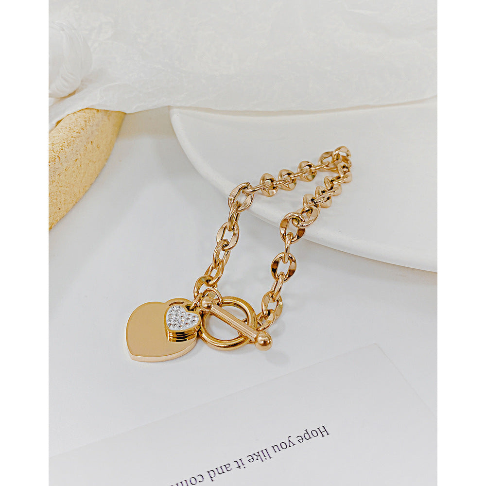 Oufer CZ Heart Charm T-Bar Chunky Chain Bracelet For Woman/Daily/Party