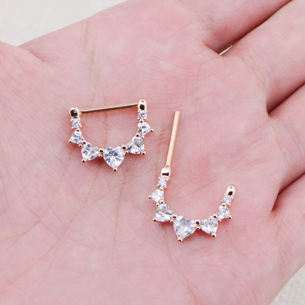14G Heart Crystal CZ Silver and Rose Gold Nipple Ring Pair
