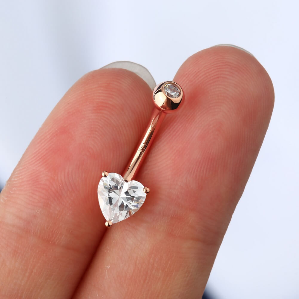 14KT Gold Belly Button Rings 14G Heart Solitaire CZ Navel Ring
