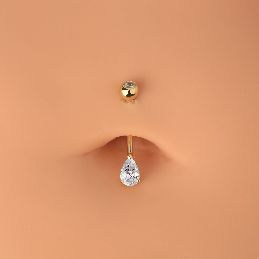 14KT Gold Belly Button Rings 14G Heart Solitaire CZ Navel Ring