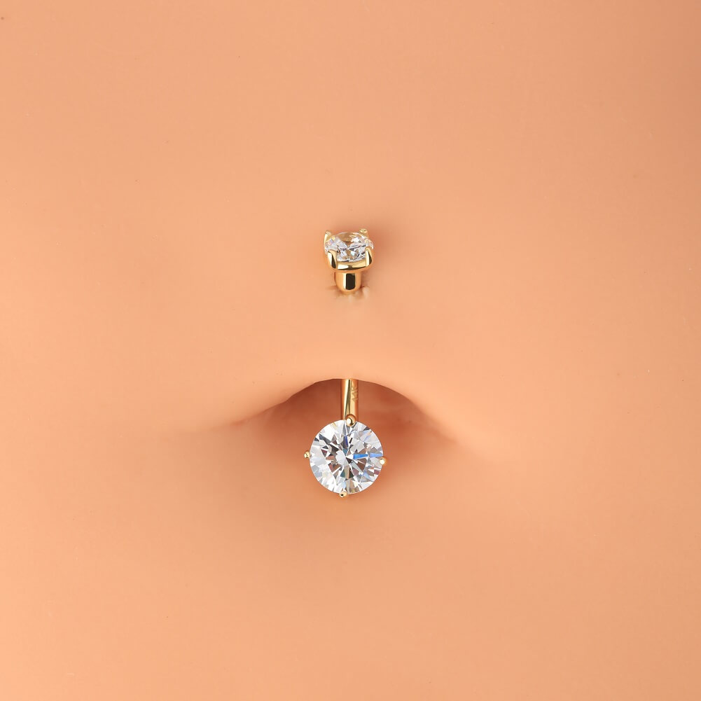 14K Solid Gold Navel Ring Top and Bottom CZ Belly Button Ring