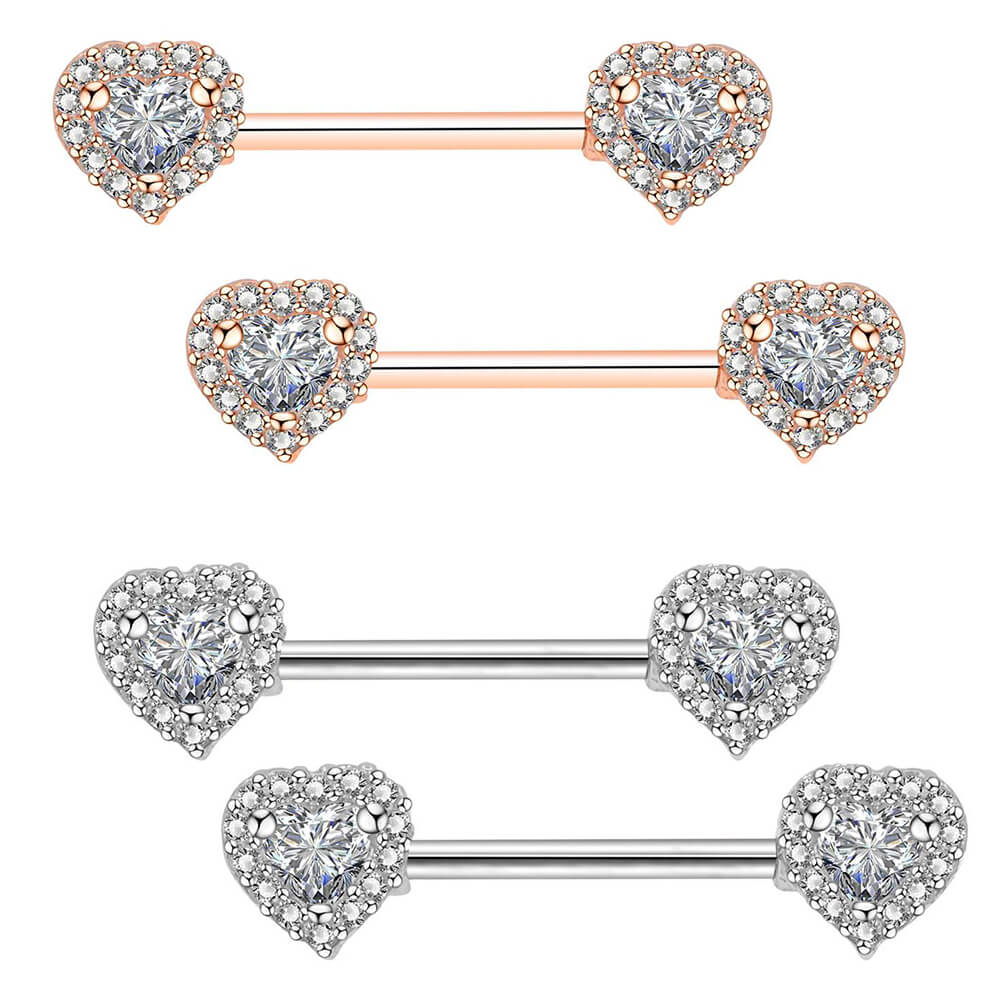 2Pcs 14G 316L Stainless Steel CZ Heart Nipple Jewelry