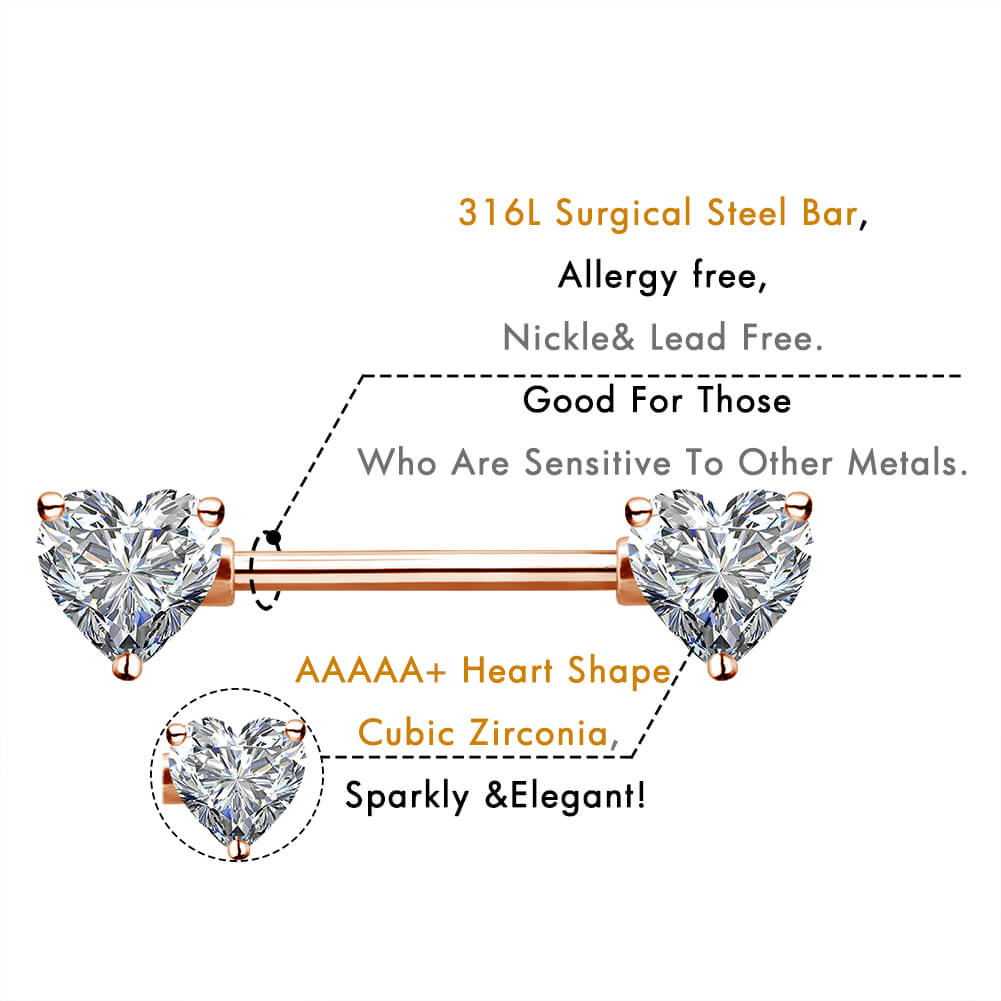 14G Triplex Heart Shaped Nipple Rings Rose Gold Nipple Shields Set