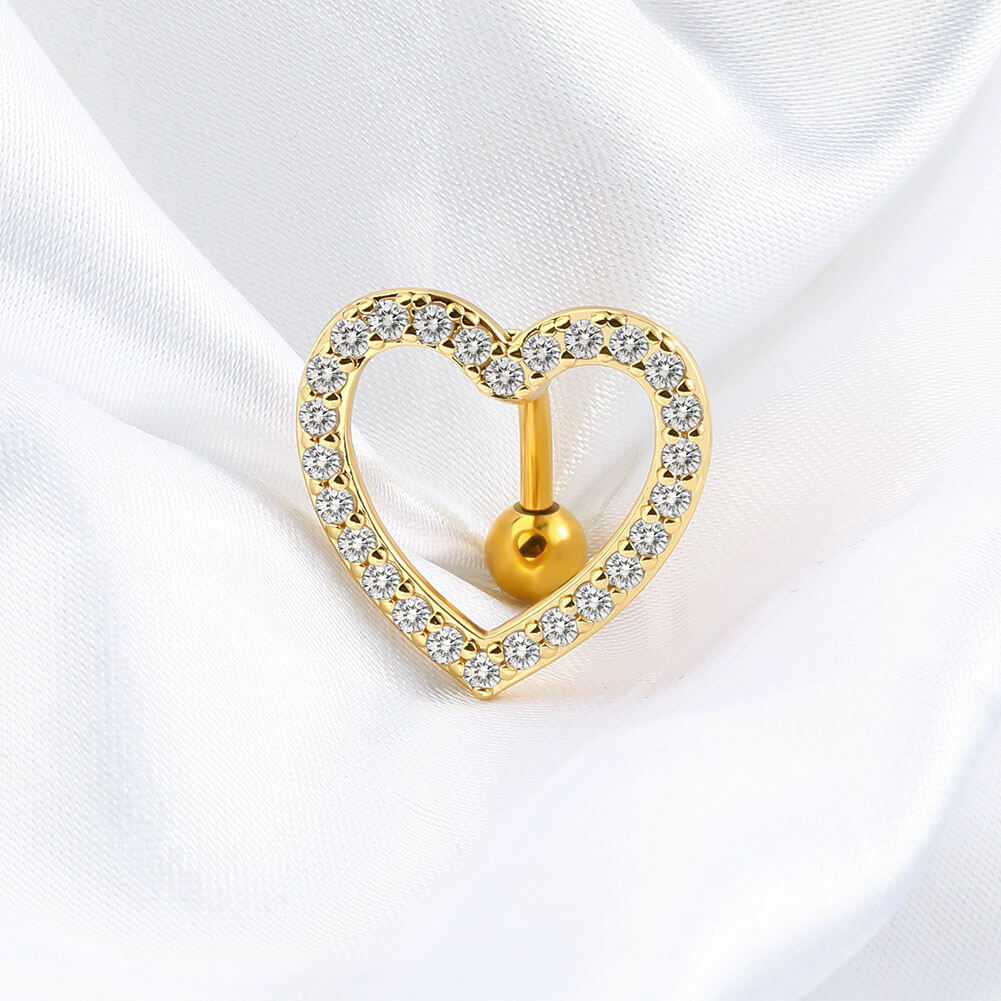 14K Yellow Gold Studded popular Open Heart Belly Ring with CZ